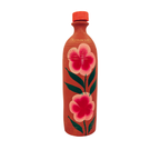 Straight Bottle Shaped Clay Water Bottle Floral Art With Cap - Handmade & Eco-Friendly