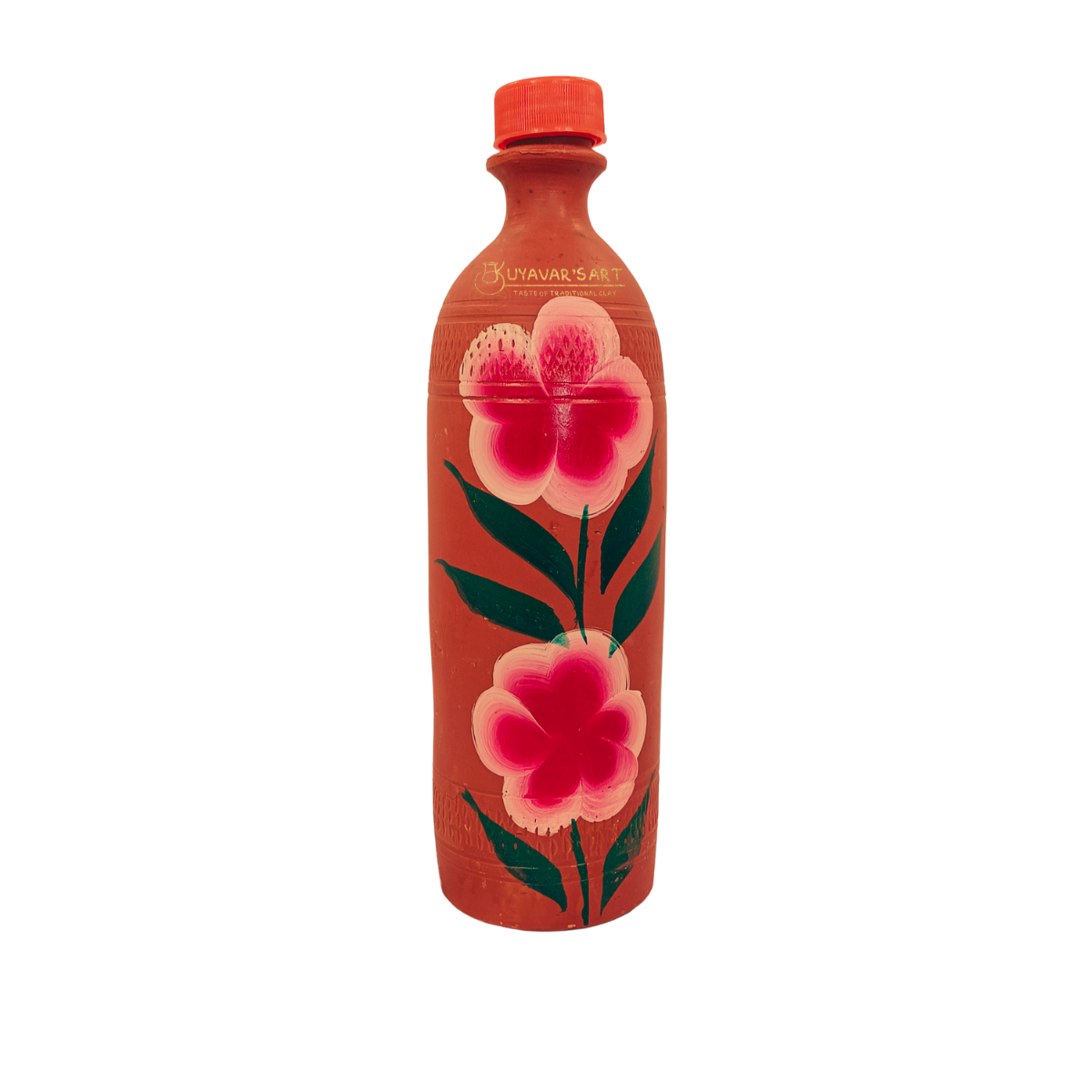 Straight Bottle Shaped Clay Water Bottle Floral Art With Cap - Handmade & Eco-Friendly