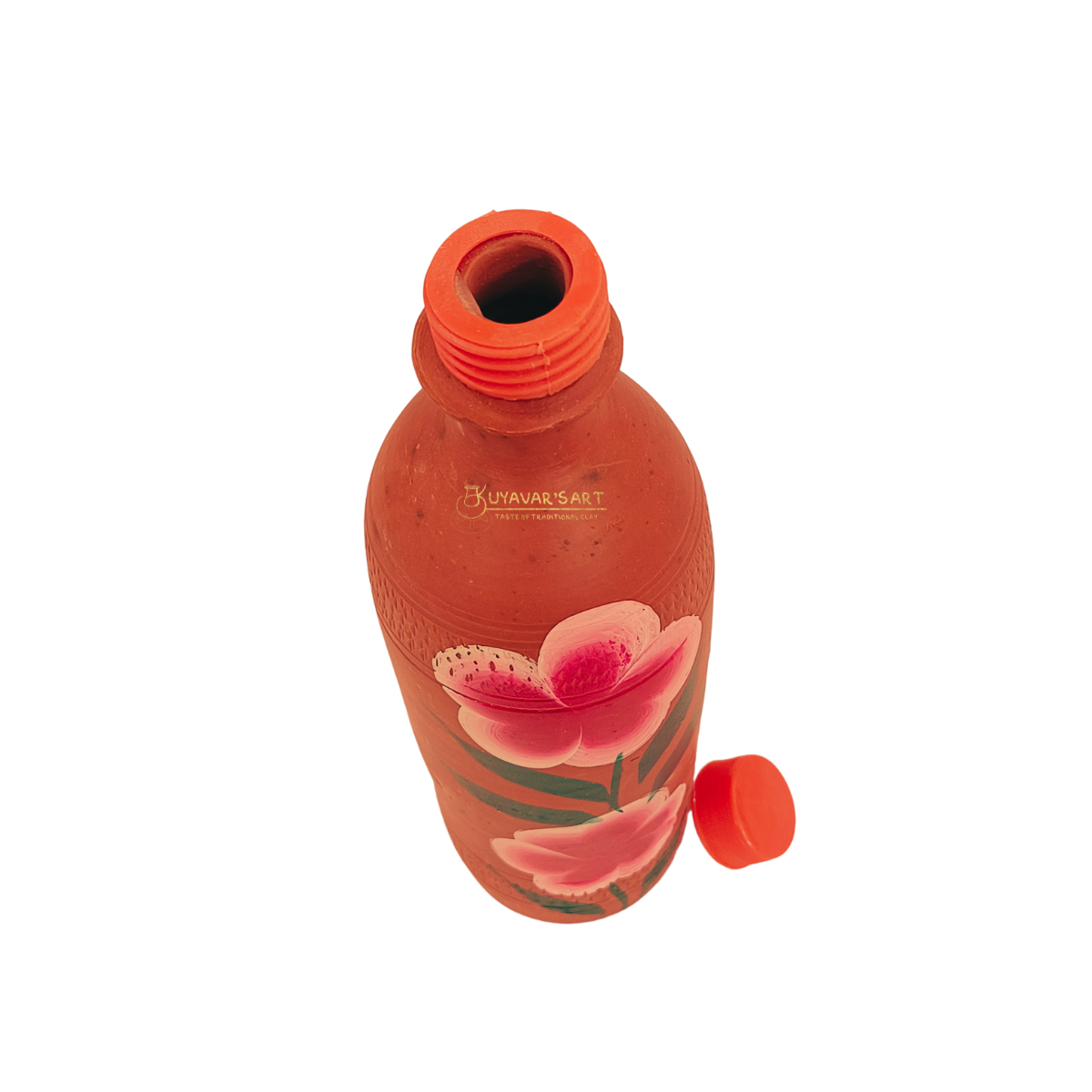 Straight Bottle Shaped Clay Water Bottle Floral Art With Cap - Handmade & Eco-Friendly