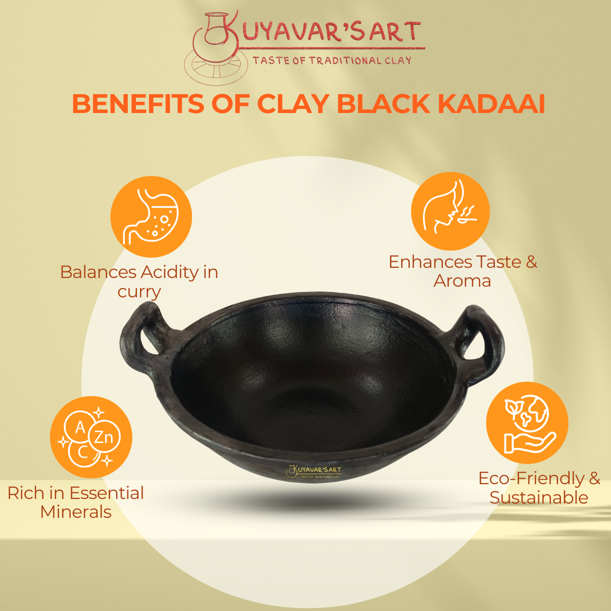 Black Clay Handle Kadaai  Wok with Sturdy Handles