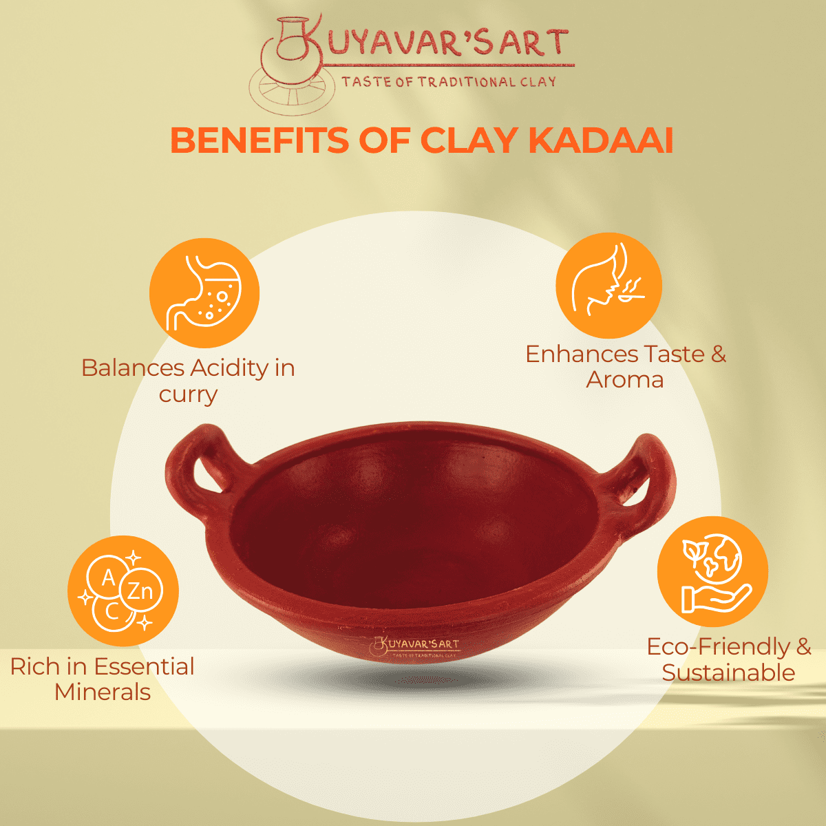 Red Clay Handle Kadai Wok with Sturdy Handles