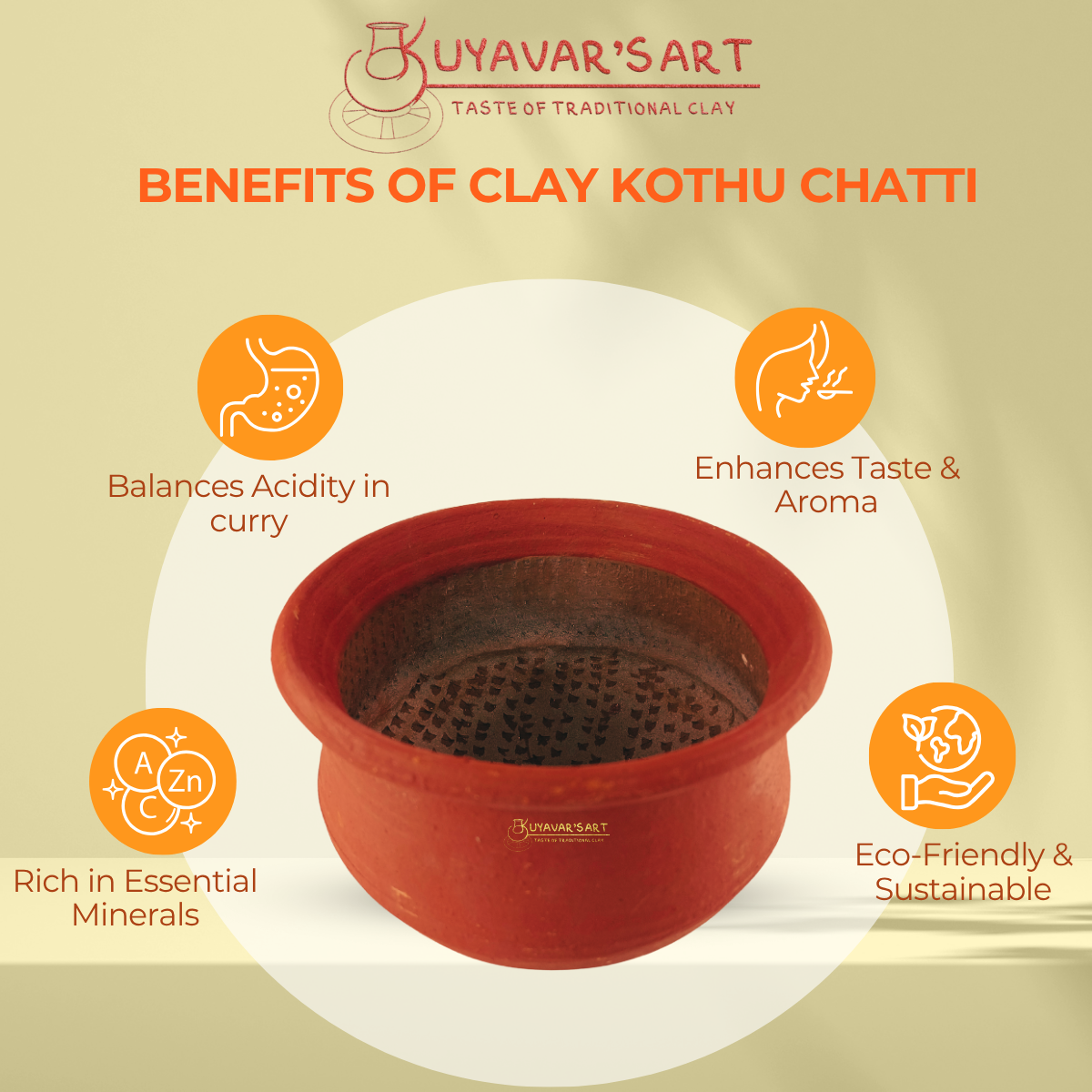 Traditional Red Clay Kothu Chatti Medium | Spinach Grinder - Handmade & Naturally Durable