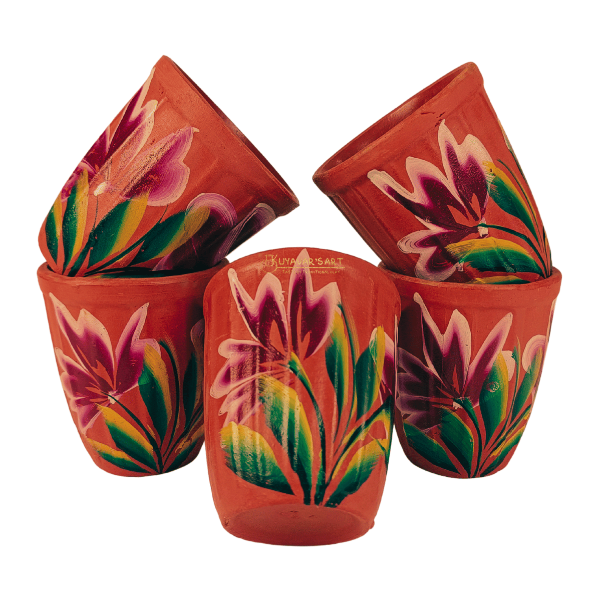 Conical Clay Tea Cup | Water Tumbler Floral Art – Handmade & Eco-Friendly