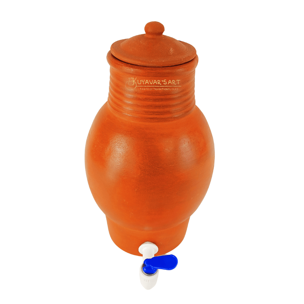 Curved Belly Shape Clay Water Dispenser  – Handmade & Eco-Friendly (With tap & Lid)