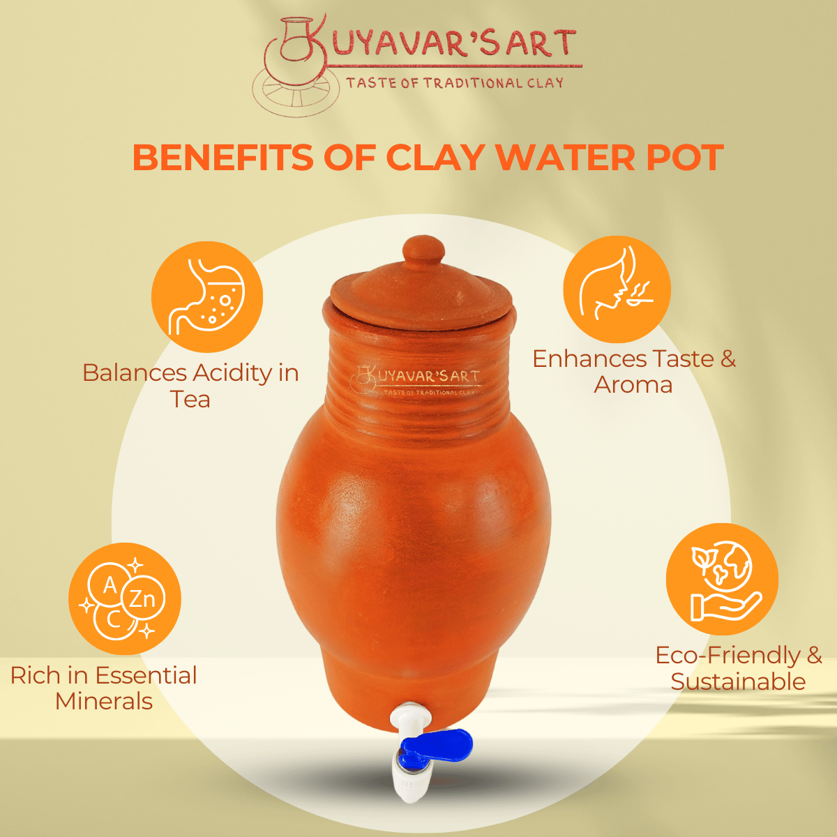 Curved Belly Shape Clay Water Dispenser  – Handmade & Eco-Friendly (With tap & Lid)
