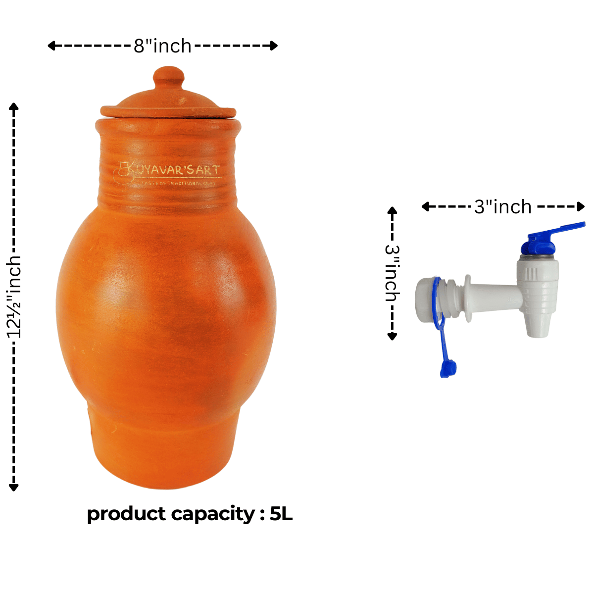 Curved Belly Shape Clay Water Dispenser  – Handmade & Eco-Friendly (With tap & Lid)