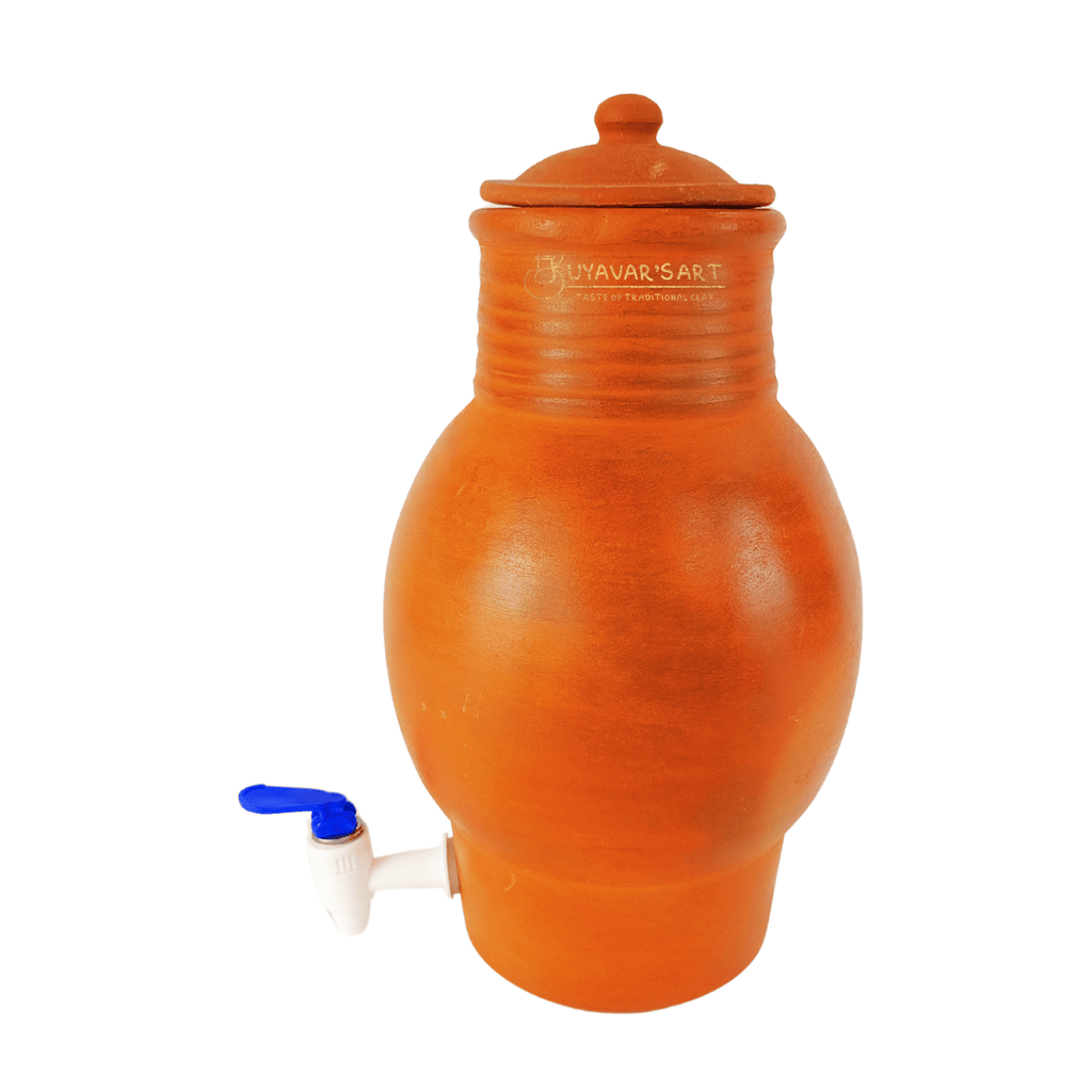 Curved Belly Shape Clay Water Dispenser  – Handmade & Eco-Friendly (With tap & Lid)