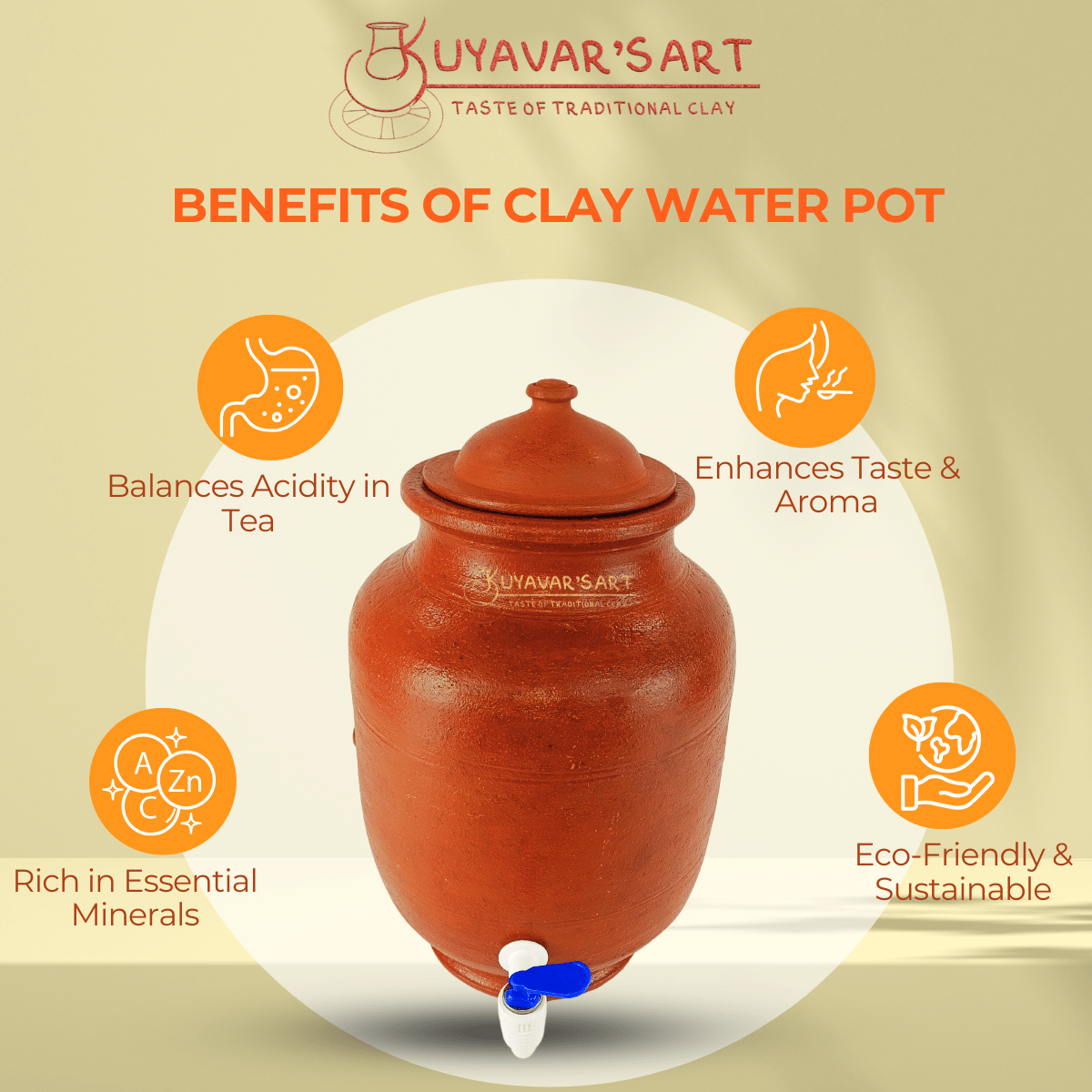 Striped Cylinder Shape Clay Water Dispenser  – Handmade & Eco-Friendly ( With Tap & Lid)