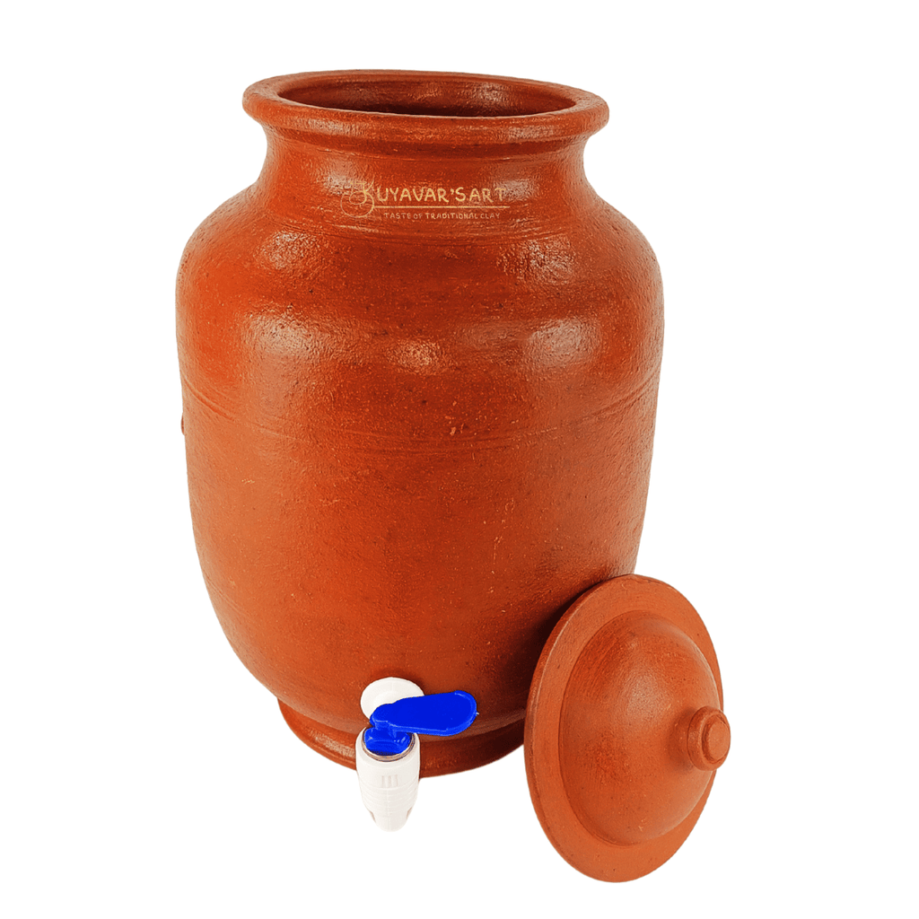 Striped Cylinder Shape Clay Water Dispenser  – Handmade & Eco-Friendly ( With Tap & Lid)