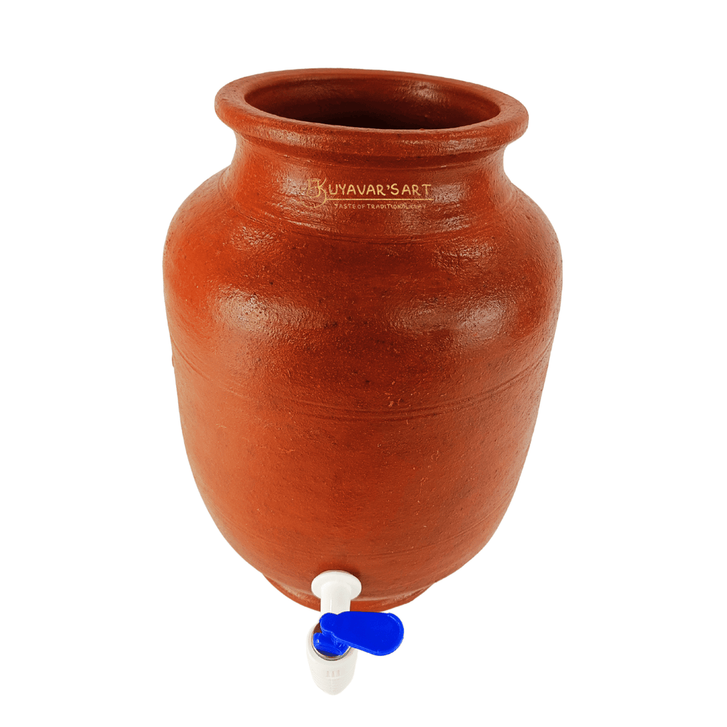 Striped Cylinder Shape Clay Water Dispenser  – Handmade & Eco-Friendly ( With Tap & Lid)