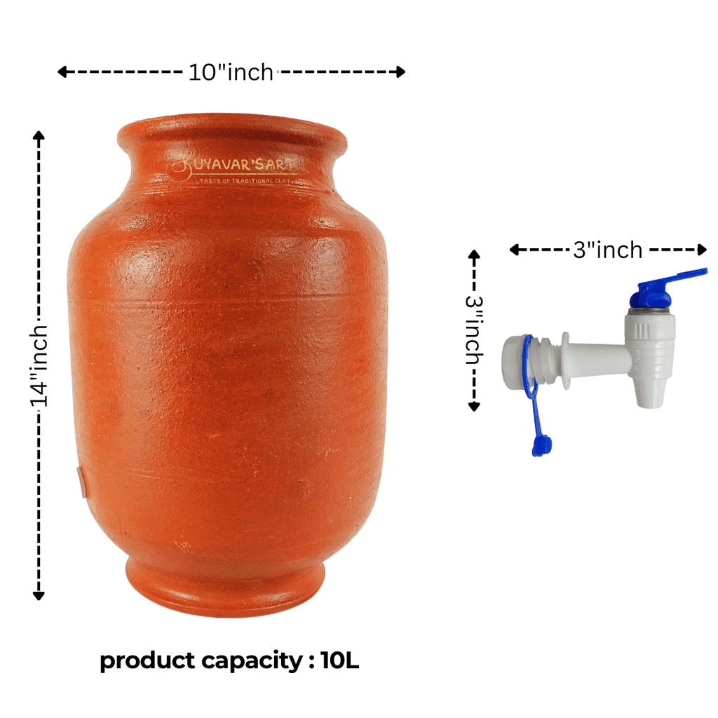 Striped Cylinder Shape Clay Water Dispenser  – Handmade & Eco-Friendly ( With Tap & Lid)
