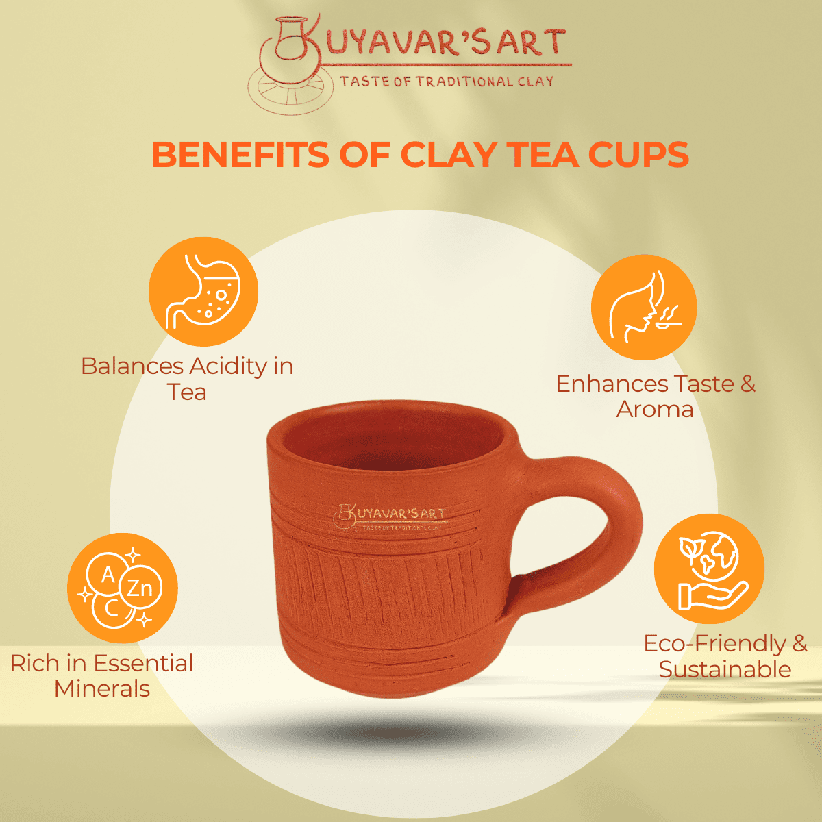 Cylindrical Clay Tea Cup Vintage Stripes – Handmade & Eco-Friendly
