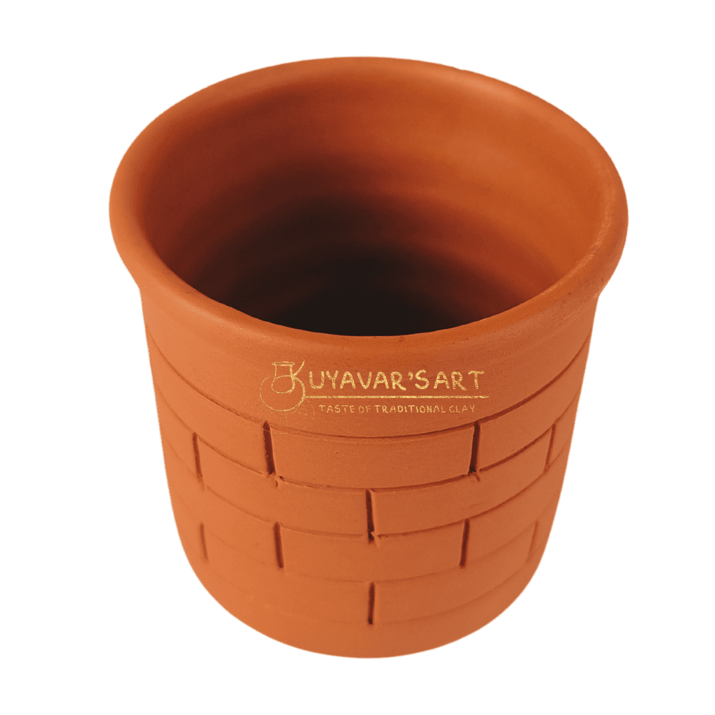 Cylindrical Clay Tea Cup | Water Tumbler Brick Pattern – Handmade & Eco-Friendly