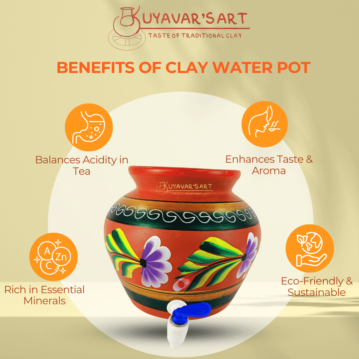 Hand-Painted Clay Water Dispenser– Handmade & Eco-Friendly ( with Tap)