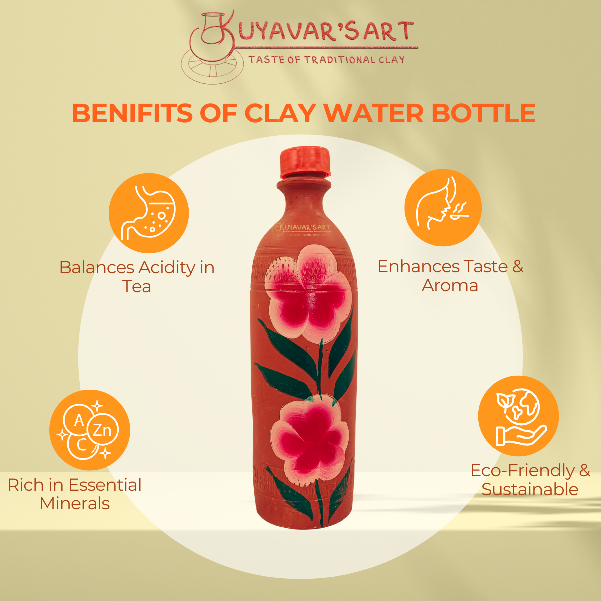 Straight Bottle Shaped Clay Water Bottle Floral Art With Cap - Handmade & Eco-Friendly