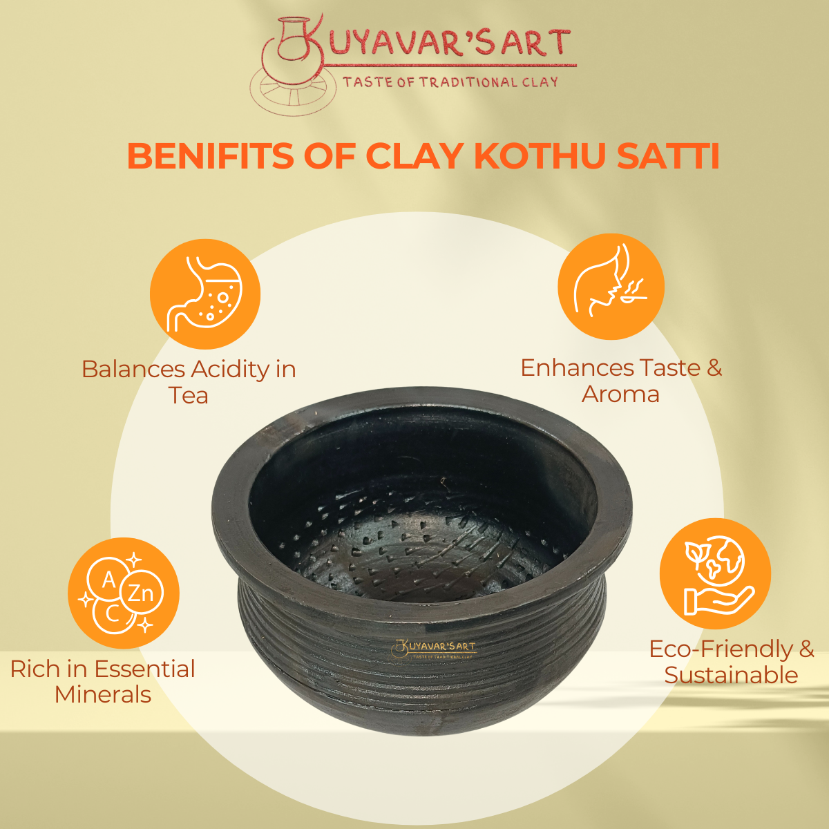 Premium Black Clay Kothu Chatti Medium | Spinach Grinder - Handmade & Naturally Durable