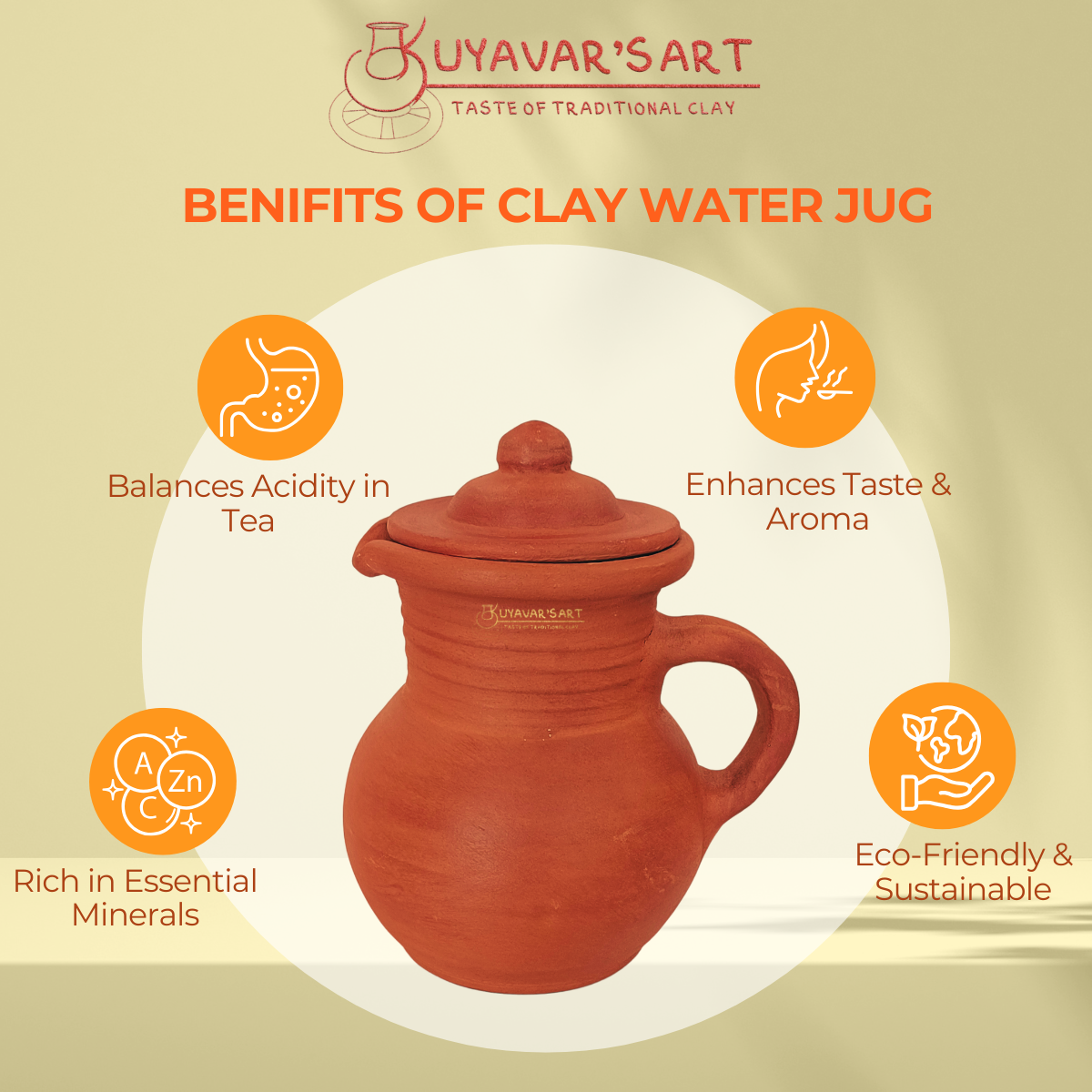 Pot narrow Stripped neck Clay Water Jug Big – Handmade & Eco-Friendly (with Lid)