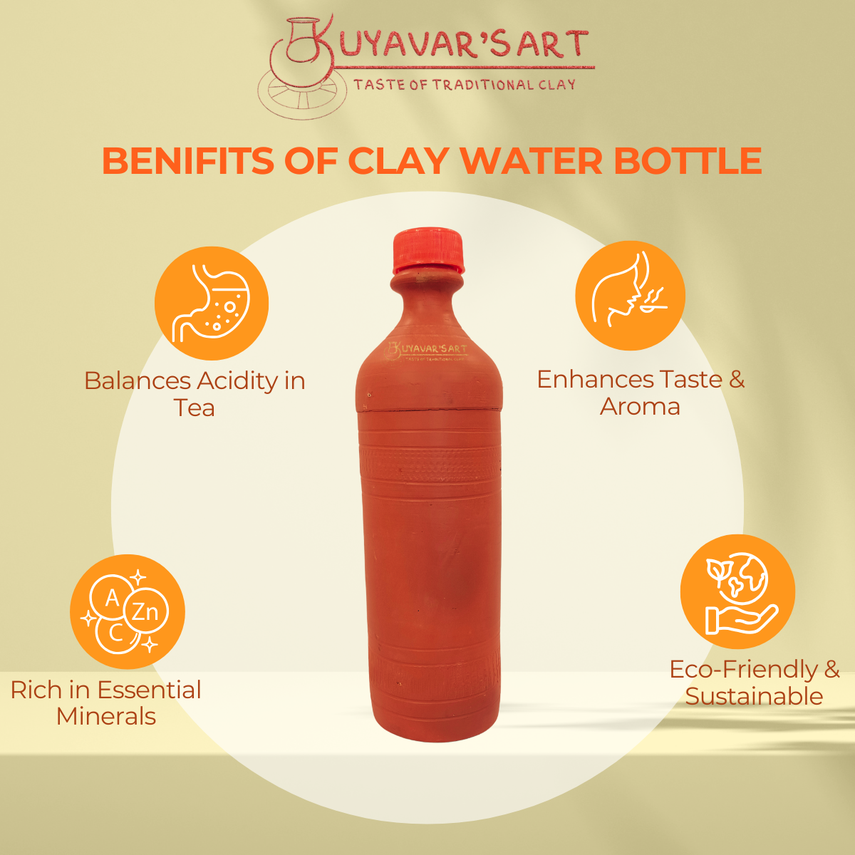 Straight Bottle Shaped Clay Water Bottle Plain With Cap - Handmade & Eco-Friendly