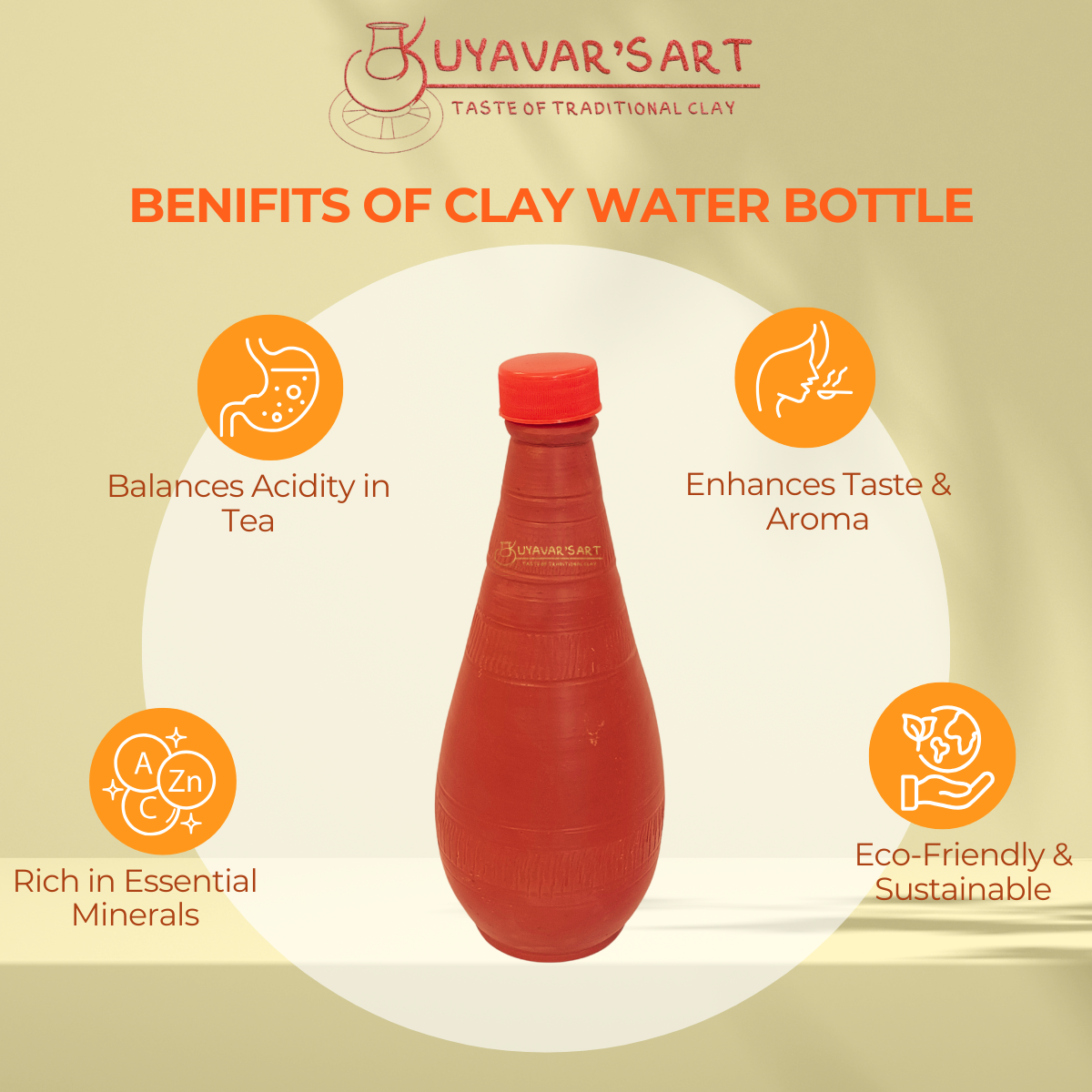 Kuduvai Shaped Clay Water Bottle Plain With Cap - Handmade & Eco-Friendly