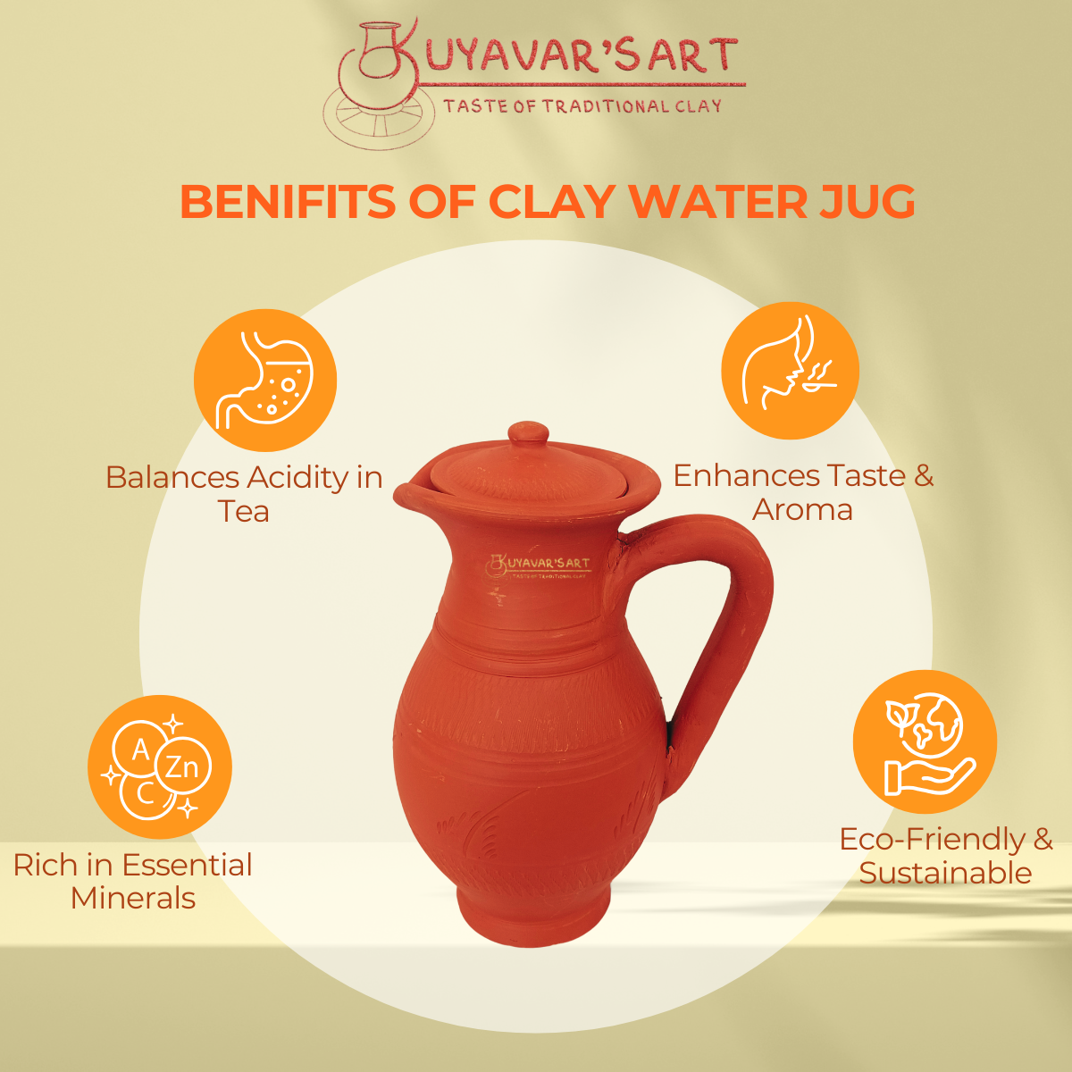 Narrow Shaped Arted Clay Water Jug Big – Handmade & Eco-Friendly (with Lid)