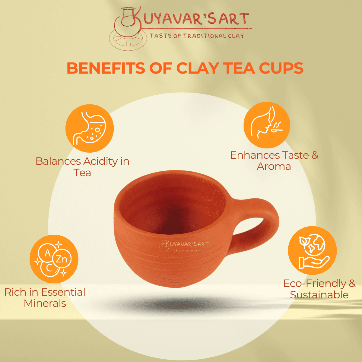 Rounded Clay Tea Cup Stripes – Handmade & Eco-Friendly (150ml, Set of 5)