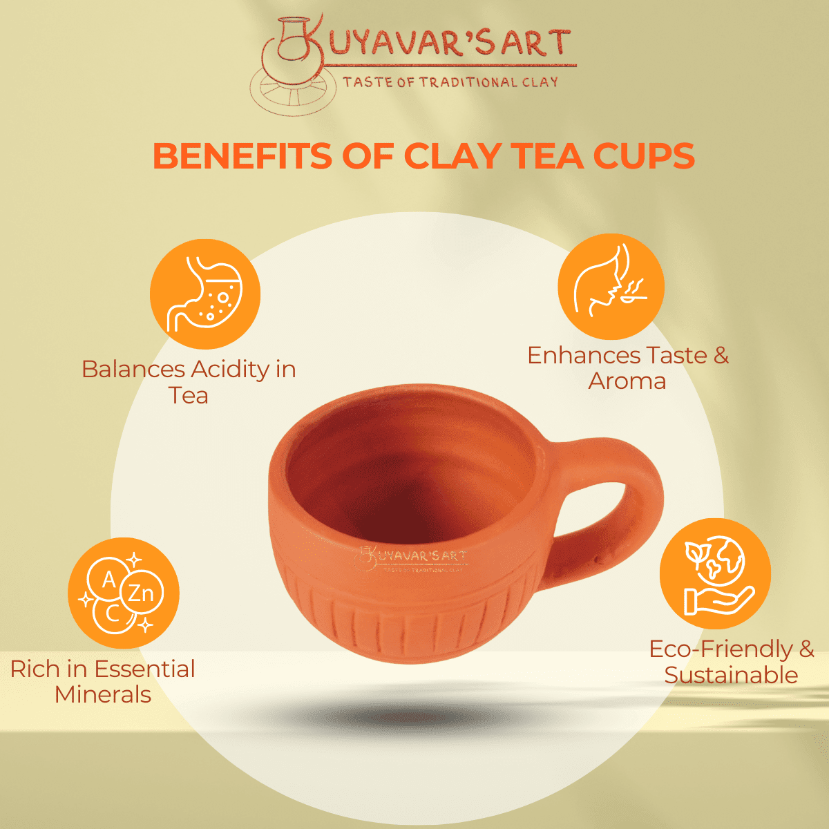 Rounded Clay Tea Cup Vintage Stripes – Handmade & Eco-Friendly