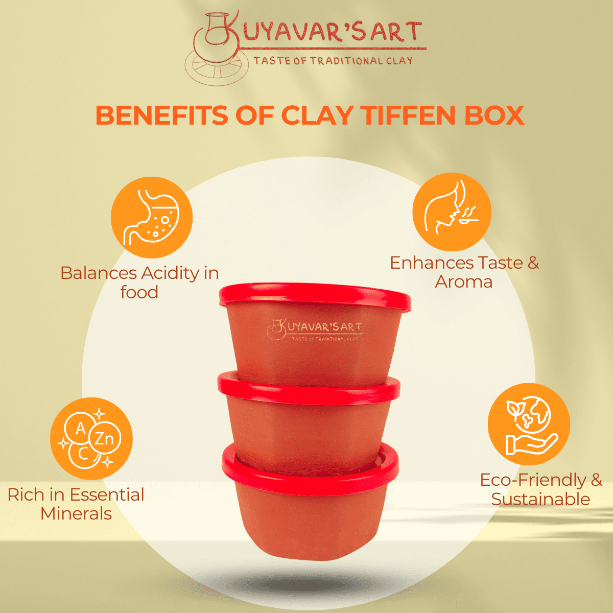 Clay Lunch Box With Bag – Handmade & Eco-Friendly (Set of 3)