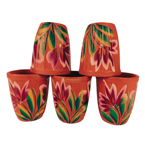 Conical Clay Tea Cup | Water Tumbler Floral Art – Handmade & Eco-Friendly (200ml, Set of 5) - Image 2