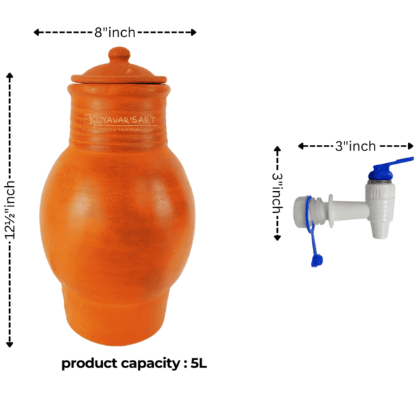 Curved Belly Shape Clay Water Dispenser  – Handmade & Eco-Friendly (5 Litre with Tap & Lid) - Image 5