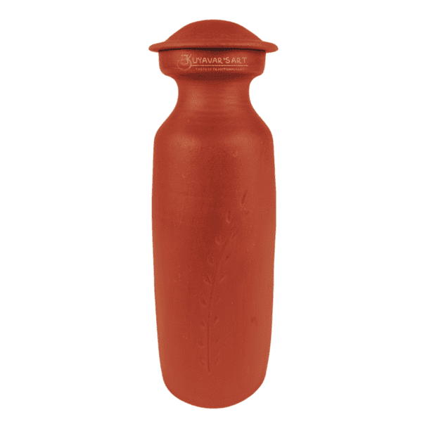 Cylindrical Long Neck Clay  Water Bottle – Handmade & Eco-Friendly (1000ml, With Lid )