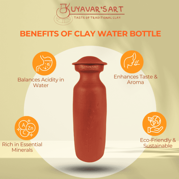 Cylindrical Long Neck Clay  Water Bottle – Handmade & Eco-Friendly (1000ml, With Lid ) - Image 5