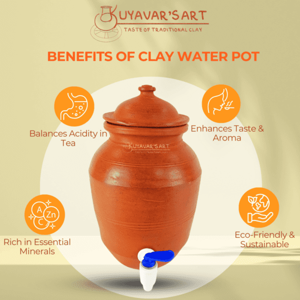 Striped Cylinder Shape Clay Water Dispenser  – Handmade & Eco-Friendly (8 Litre with Tap & Lid) - Image 6