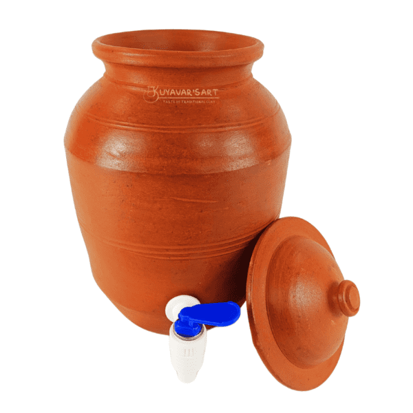 Striped Cylinder Shape Clay Water Dispenser  – Handmade & Eco-Friendly (8 Litre with Tap & Lid) - Image 3