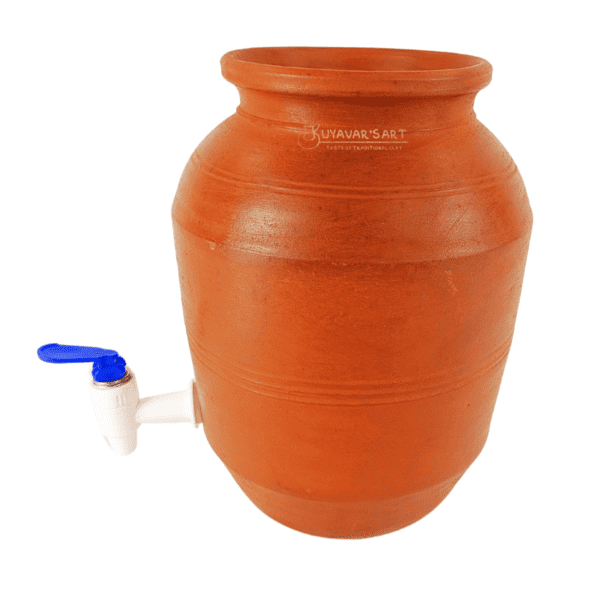 Striped Cylinder Shape Clay Water Dispenser  – Handmade & Eco-Friendly (8 Litre with Tap & Lid) - Image 2